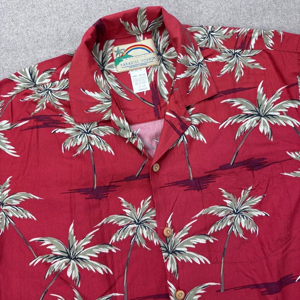 VTG Paradise Found Hawaiian Aloha Shirt Mens M Red Palms Rayon Magnum PI